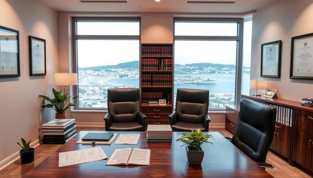 A modern law office interior with large windows overlooking the city of Side, Turkey. In the foreground, a mahogany desk with a laptop, legal documents, and a potted plant. Behind it, a bookshelf filled with law volumes. In the middle ground, two sleek leather chairs facing the desk. The walls are adorned with framed certificates and awards. Soft, indirect lighting creates a professional, authoritative atmosphere. The overall scene conveys expertise in local property and rental laws, ready to assist villa owners in Side with legal compliance.