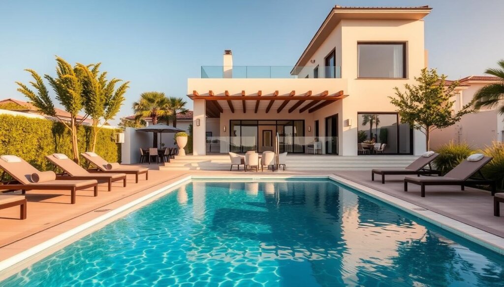 A modern, luxurious Belek villa rental, showcasing an array of refined amenities. In the foreground, a sparkling private pool reflects the warm Mediterranean sun, surrounded by cozy lounge chairs and lush greenery. The middle ground reveals a spacious terrace with a well-appointed outdoor dining area, inviting guests to savor alfresco meals. Beyond, the villa's elegant facade stands tall, its clean lines and neutral tones complemented by Mediterranean-inspired architectural details. The scene exudes a sense of tranquility and exclusivity, capturing the quintessential Belek villa experience.