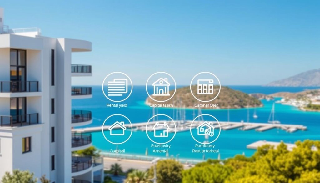 A modern, minimalist illustration of key investment factors for the Kas property market. In the foreground, a sleek, contemporary apartment building with clean lines and balconies overlooking a scenic coastal landscape. In the middle ground, icons representing important investment considerations such as rental yields, capital appreciation, and proximity to amenities. In the background, a panoramic view of the picturesque Kas harbor, with sailboats and crystal-clear turquoise waters. The scene is bathed in warm, golden light, conveying an atmosphere of prosperity and opportunity for savvy real estate investors.