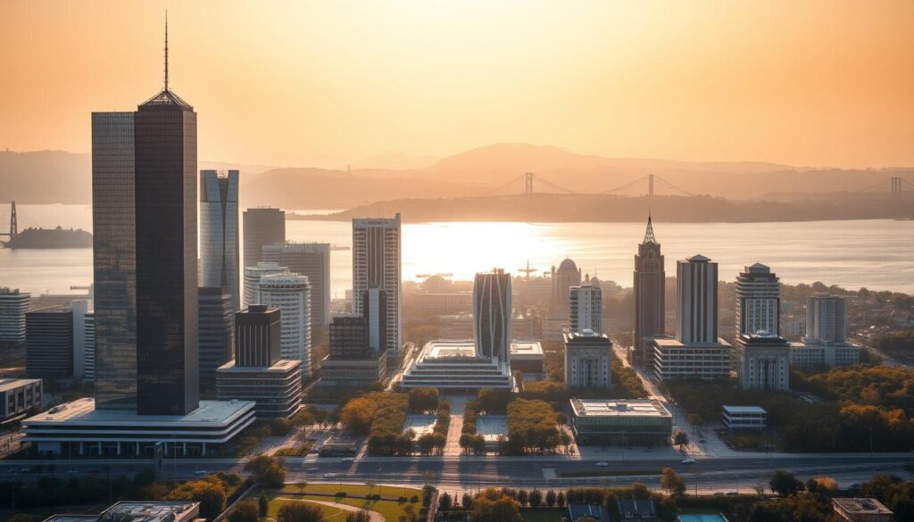 A modern, minimalist skyline of Istanbul, Turkey's bustling financial hub, set against a backdrop of the Bosphorus Strait. In the foreground, towering skyscrapers and contemporary residential high-rises cast long shadows, symbolizing the steady growth and development of the Turkish real estate market. The middle ground features lush green spaces and pedestrian-friendly plazas, reflecting the country's increasing focus on livability and sustainability. Warm, golden hues from the setting sun bathe the scene, evoking a sense of optimism and long-term prosperity. The overall composition conveys the strategic investment opportunities and enticing long-term benefits of purchasing property in this dynamic, forward-looking nation.