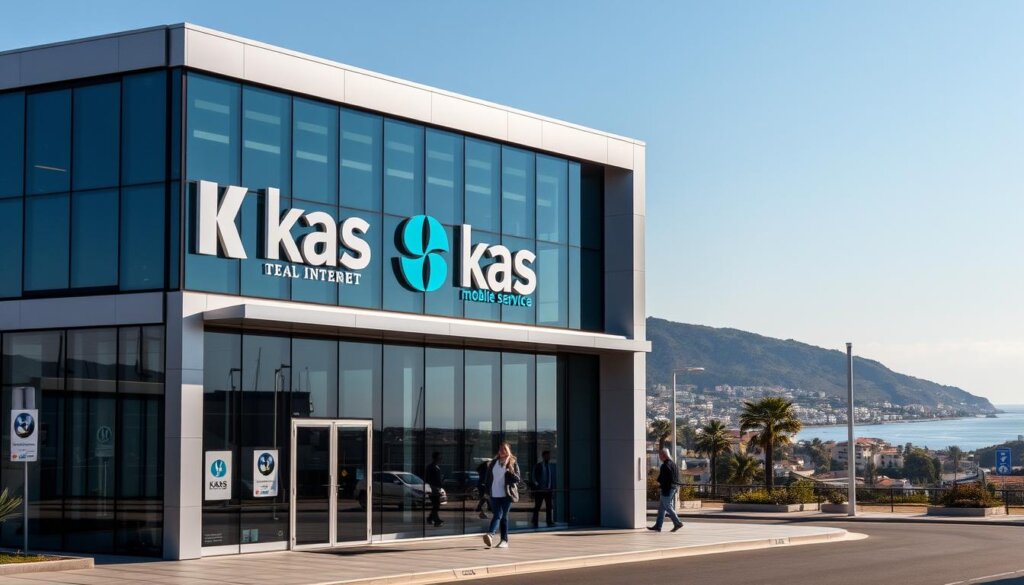A modern office building, its facade adorned with sleek glass panels and metal accents, sits prominently in the foreground. Kas internet and mobile service logos are displayed on the building's exterior, conveying a sense of professionalism and technological prowess. In the middle ground, people can be seen entering and exiting the building, highlighting its active use. The background features a picturesque coastal town, with the azure waters of the Mediterranean Sea and the rolling hills in the distance, creating a serene and tranquil atmosphere. The lighting is soft and warm, emphasizing the building's modern design and the overall sense of comfort and efficiency associated with the utilities and essential services provided within.