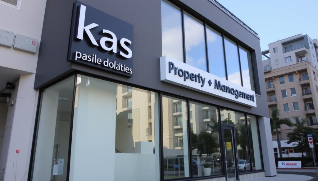A modern office building with a clean, minimalist design, featuring large windows that allow natural light to flood the interior. The exterior is painted in a neutral palette of grays and whites, with a prominent sign reading "Kas Property Management" in a bold, sans-serif font. The building is situated in a bustling urban setting, with a mix of residential and commercial structures in the background. The scene conveys a sense of professionalism, efficiency, and attention to detail, reflecting the nature of the property management services offered within.