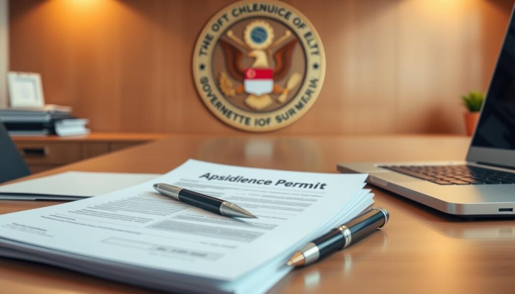 A modern office desk with a stack of documents, a pen, and a laptop. A government seal in the background, representing an official application process. Warm, natural lighting illuminates the scene, creating a sense of professionalism and authority. The overall composition emphasizes the paperwork and digital elements, suggesting the step-by-step nature of the residence permit application process. The mood is one of diligence and attention to detail, setting the stage for the informative guide in the article.