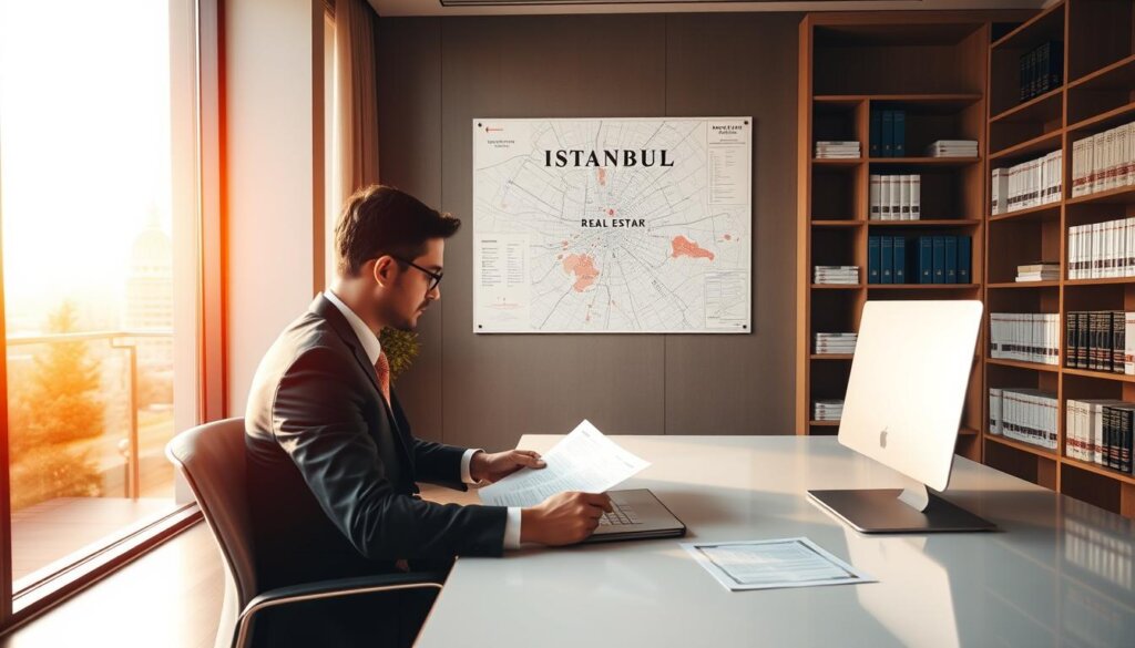 A modern office interior, bathed in warm, natural light filtering through large windows. In the foreground, a businessperson sits at a sleek, minimalist desk, reviewing documents related to a real estate transaction. In the middle ground, a map of Istanbul hangs on the wall, highlighting key neighborhoods and landmarks. The background features bookshelves filled with reference materials on Turkish property laws and regulations. An air of professionalism and expertise pervades the scene, conveying the step-by-step process for purchasing property and navigating taxes in this vibrant city.