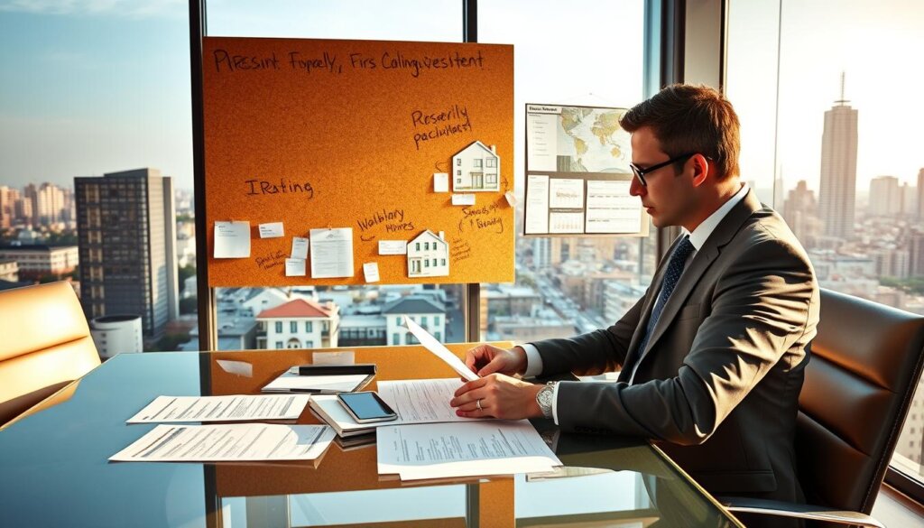 A modern office interior with a large window overlooking a bustling city skyline. In the foreground, a businessman in a well-tailored suit sits at a sleek, glass-topped desk, reviewing financial documents and contemplating investment strategies. The middle ground features a corkboard wall adorned with real estate charts, property listings, and handwritten notes, reflecting the nuances of property investment. The background showcases the vibrant city outside, hinting at the diverse opportunities for real estate investment in Mersin. Warm, directional lighting illuminates the scene, creating a sense of focus and determination. The overall atmosphere conveys a balance of professionalism, research, and the potential for lucrative property investment in the Mersin region.