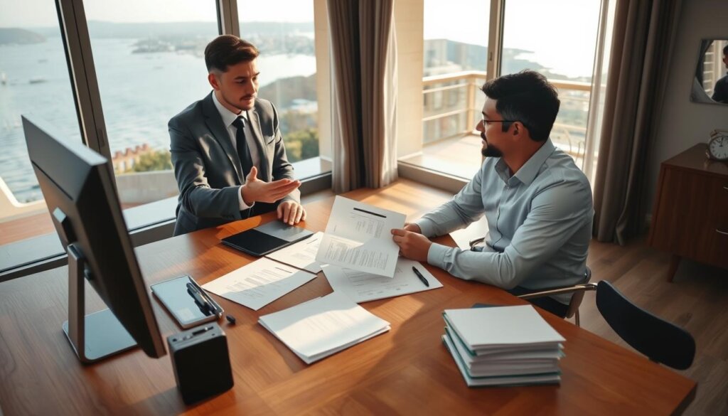 A modern office interior with a large wooden desk, a desktop computer, a tablet, and a stack of documents. In the foreground, a professional-looking person, likely a real estate agent, is gesturing towards the documents while explaining something to a foreign investor sitting across the desk. The lighting is soft and indirect, creating a warm and welcoming atmosphere. The background features floor-to-ceiling windows overlooking a scenic coastal landscape, hinting at the location of Alanya. The overall composition suggests a collaborative and informative process of navigating the property purchase for a foreign buyer.
