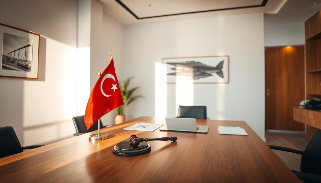 A modern office interior with a large wooden desk, a laptop, and legal documents neatly arranged. The room is filled with warm, natural lighting, casting soft shadows on the surfaces. On the desk, a Turkish flag and a gavel stand as symbols of the country's legal system. The walls are adorned with minimalist artwork, conveying a sense of professionalism and attention to detail. The atmosphere is one of focused productivity, reflecting the careful navigation of rental property legalities in Belek, Turkey.