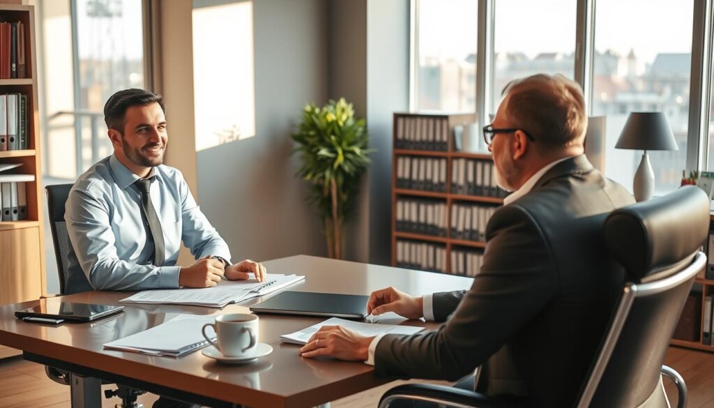 A modern office interior with an expert property manager, Aydın Çakır, seated at a desk and conversing with a client. The room is well-lit with natural light pouring in through large windows, casting a warm, professional atmosphere. On the desk are documents, a laptop, and a cup of coffee, suggesting an active, knowledgeable approach to property management. Aydın's demeanor is confident and attentive, reflecting his expertise in the field. The background features shelves of files and books, hinting at the depth of his experience in the Istanbul real estate market.
