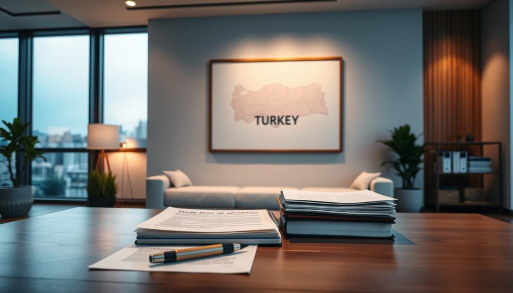 A modern office interior with minimalist decor and large windows overlooking a bustling city skyline. In the foreground, a wooden desk with a laptop, pen, and stack of legal documents. On the wall behind the desk, a framed map of Turkey, highlighting the key regions for real estate investment. The lighting is soft and warm, creating a professional yet inviting atmosphere. The color palette features neutral tones of gray, beige, and wood accents, reflecting the serious nature of the legal considerations for property buying in Turkey.