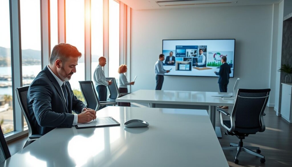 A modern office interior with sleek desks, ergonomic chairs, and a large window overlooking the Mediterranean coastline of Kas, Turkey. In the foreground, a businessman signs documents, deep in contemplation. The middle ground features two financial analysts reviewing investment portfolios on a tablet. In the background, a team collaborates on a large screen, discussing the ins and outs of the local real estate market. Warm, natural lighting filters through the window, creating a professional yet inviting atmosphere. The scene conveys the comprehensive investment process, from initial consultation to post-sale support, tailored to the unique needs of Kas, Turkey.