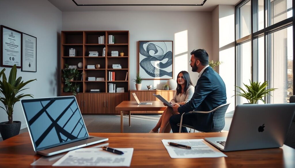 A modern office interior with sleek furniture and large windows, illuminated by warm natural light. In the foreground, a wooden desk with a laptop, documents, and a pen. On the wall, a framed certificate or legal document related to Turkish citizenship investment. In the middle ground, a well-dressed professional providing guidance to a couple seated across the desk, their faces attentive and engaged. The background features bookshelves, decorative plants, and minimalist artwork, conveying a sense of authority and expertise. The overall atmosphere is one of professionalism, legality, and financial security.