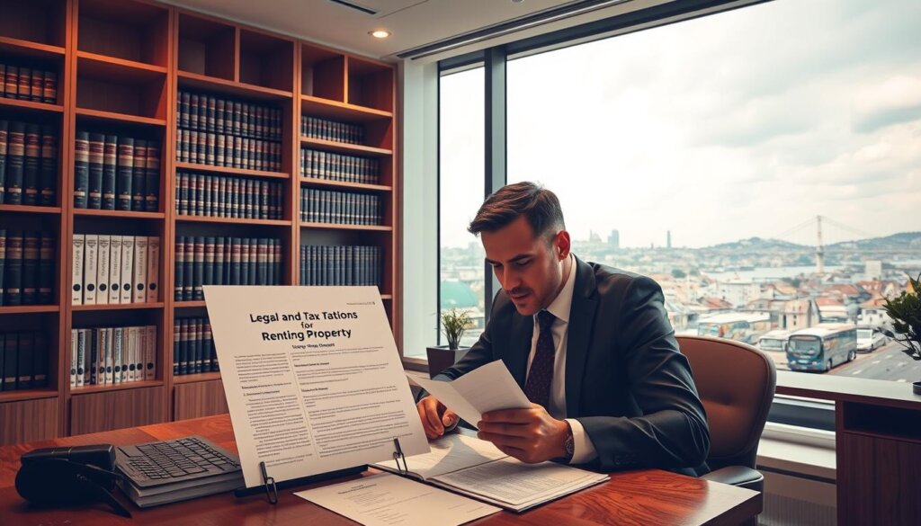 A modern office interior with warm lighting, wooden furniture, and a large window overlooking the bustling streets of Istanbul. In the foreground, a businessperson sits at a desk, focusing intently on a document detailing the legal and tax considerations for renting property in Turkey. The middle ground features bookshelves filled with legal books and documents, while the background showcases the iconic skyline of Istanbul, with the Bosphorus Bridge visible in the distance. The scene conveys a sense of professionalism, expertise, and the importance of navigating the complexities of Turkish tenancy laws.