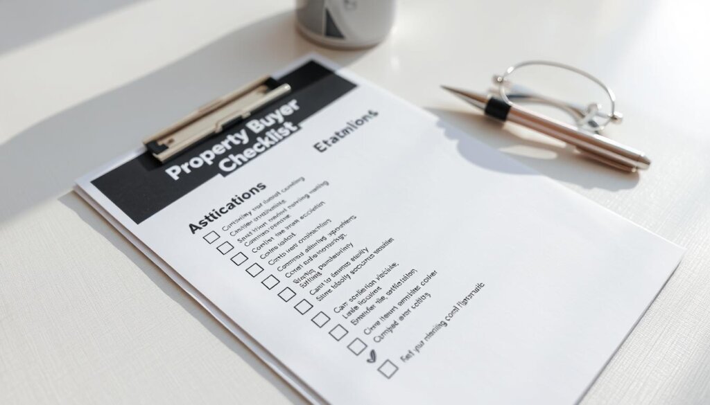 A modern, professional-looking checklist with a sleek, minimalist design, shot with a wide angle lens in natural daylight to create a bright, airy atmosphere. The checklist is laid out on a clean, uncluttered desk or table, with a subtle textured background that suggests a high-quality paper surface. The items on the checklist are neatly organized and presented in a clear, easy-to-read format, conveying a sense of efficiency and attention to detail. The overall mood is one of organization, practicality, and a touch of sophistication, reflecting the needs of a discerning property buyer.