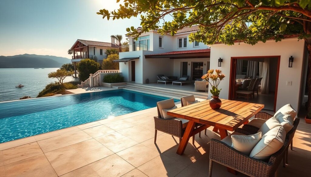 A modern, upscale villa nestled in the picturesque seaside town of Kalkan, Turkey. The villa's exterior is adorned with whitewashed walls, terracotta roof tiles, and lush Mediterranean foliage. A sparkling infinity pool overlooks the shimmering Aegean Sea in the background. In the foreground, stylish outdoor furniture and a rustic wooden dining set invite potential renters to envision themselves enjoying the villa's amenities. Warm, golden sunlight casts a inviting glow, creating a serene, luxurious atmosphere. A wide-angle lens captures the villa's elegant, resort-like ambiance, showcasing Kalkan's unique charm as an ideal rental destination.