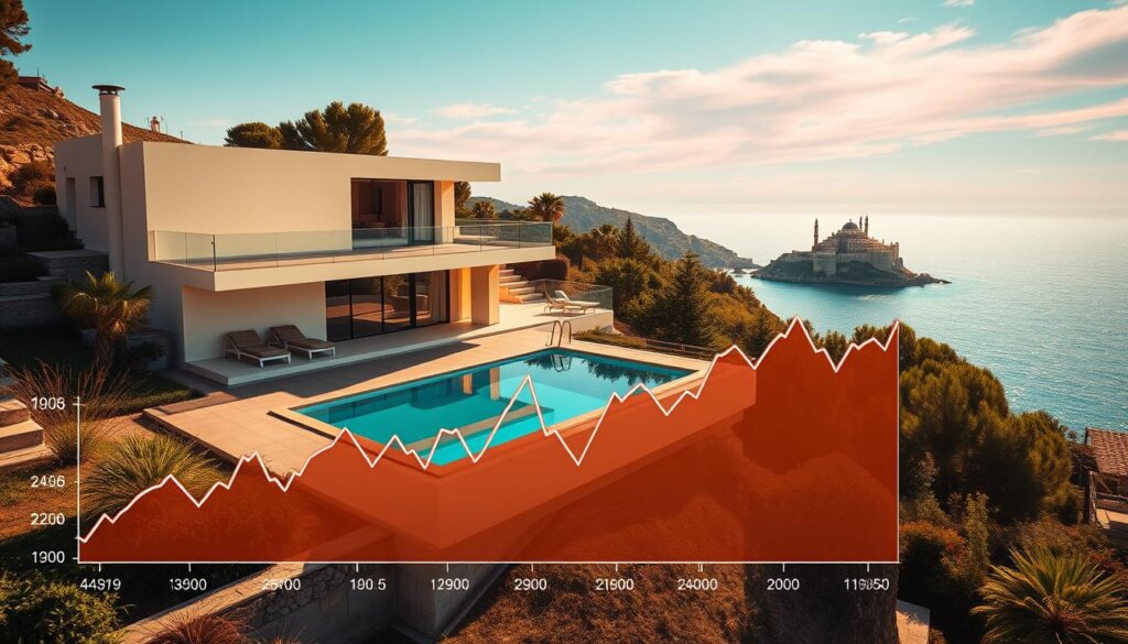 A modern villa nestled on a hillside in the coastal town of Alanya, Turkey. The villa's sleek, minimalist design is bathed in warm, golden afternoon light, casting long shadows across the terrace and swimming pool. In the foreground, a graph visualizes the fluctuating prices of similar villas in the local real estate market over the past year, providing insights into the current market trends. The middle ground features lush, Mediterranean landscaping, while the background showcases the sparkling turquoise waters of the Alanya coastline and the iconic Alanya Castle silhouetted against a vibrant sky.