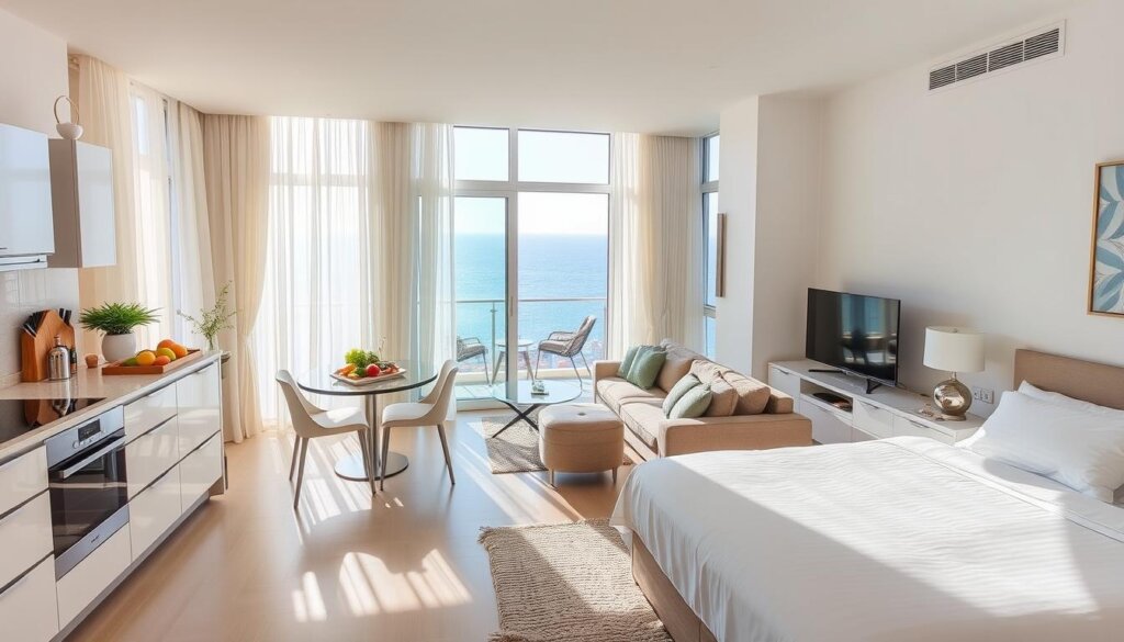 A modern, well-appointed apartment in Antalya, Turkey, with large windows overlooking the sparkling Mediterranean Sea. Bright, natural lighting filters through sheer curtains, illuminating the impeccably clean and organized interior. Plush, neutral-toned furnishings and decor create a serene, inviting atmosphere. The kitchen is stocked with high-end appliances, fresh produce, and thoughtfully arranged kitchenware, ready for a discerning tenant. A cozy living area features a comfortable sofa and chairs, perfect for relaxing. The bedroom is a tranquil oasis, with a plush bed dressed in crisp, white linens. An ensuite bathroom boasts gleaming fixtures and fluffy towels. The balcony offers a stunning view of the city and the shimmering sea beyond.