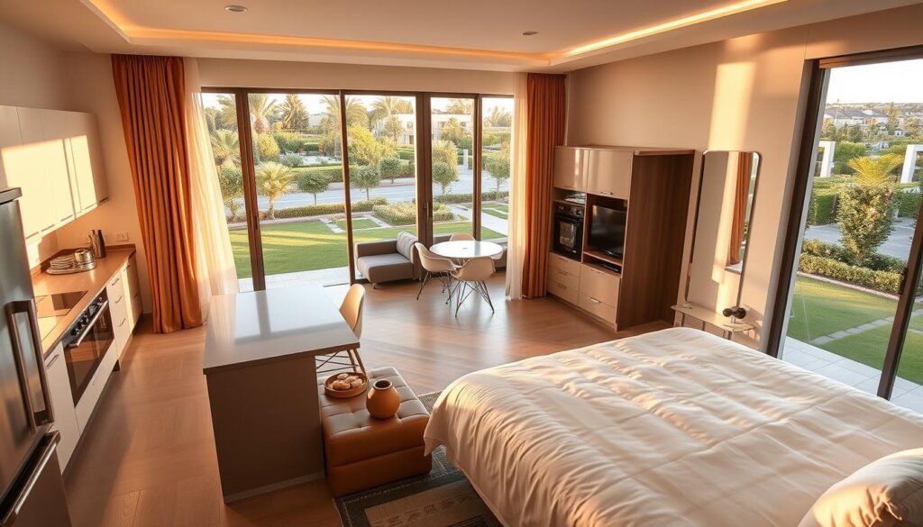 A modern, well-appointed apartment in Belek, Turkey, showcasing its impeccable features. A spacious, open-plan living area bathed in warm, natural light filtering through large, panoramic windows overlooking a lush, landscaped garden. Sleek, high-end kitchen appliances and cabinetry, complemented by a cozy dining nook. A generously sized bedroom with a plush, inviting bed and ample storage. An en-suite bathroom with a rain shower and luxurious fixtures. Seamless integration of contemporary design and local Turkish influences, creating a serene, comfortable living experience.