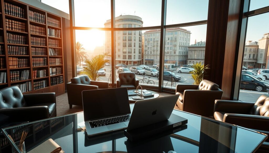 A modern, well-appointed office interior with large windows overlooking the bustling streets of Istanbul. Sunlight streams in, casting a warm glow on the polished wooden furniture and plush leather seating. Bookshelves line the walls, filled with legal tomes and documents. On a sleek glass-topped desk, a laptop, a pen holder, and a small potted plant stand neat and organized. The room exudes an atmosphere of professionalism, expertise, and attention to detail - reflecting the high quality of legal services offered within.