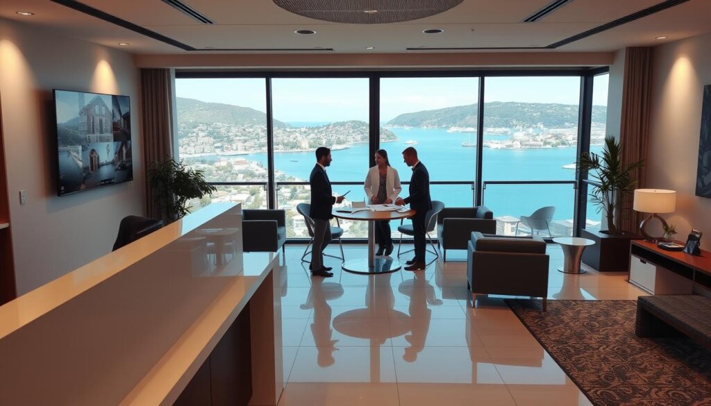 A modern, well-appointed property management office overlooking a scenic coastal town. The foreground features a reception desk with a friendly attendant, surrounded by sleek furnishings and digital displays showcasing available properties. In the middle ground, property managers confer at a central meeting table, reviewing paperwork and discussing rental opportunities. The background reveals floor-to-ceiling windows offering a panoramic view of the sparkling Mediterranean Sea and the picturesque town of Side. Subtle, warm lighting creates a professional, yet inviting atmosphere, conveying the expertise and care of the property management services on offer.