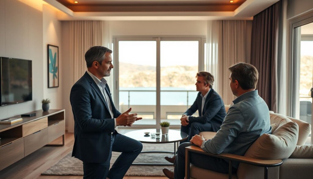 A modern, well-furnished apartment interior with a professional real estate agent in the foreground, engaged in a thoughtful discussion with a couple seated across from him. Warm, diffused lighting casts a cozy glow, highlighting the neutral color palette and sleek, minimalist furnishings. In the background, a large window offers a picturesque view of the Kas coastline, with the turquoise waters of the Mediterranean and the rugged, sun-dappled hills in the distance. The agent's demeanor is one of expertise and reassurance, guiding the couple through the nuances of Kas real estate with confidence and care.