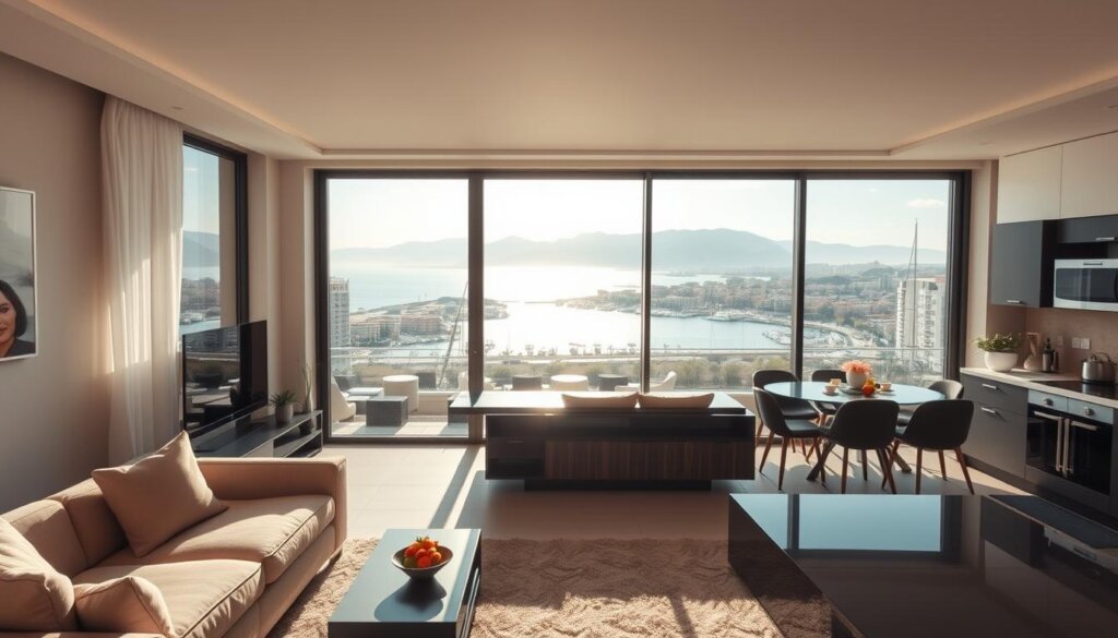 A modern, well-furnished apartment overlooking the Alanya cityscape, with the Mediterranean Sea glistening in the background. Soft, natural light filters through large windows, creating a warm, inviting atmosphere. In the foreground, a stylish and comfortable living room with plush seating and contemporary decor. The middle ground features a fully equipped kitchen with high-end appliances, perfect for preparing meals. The background showcases the stunning Alanya harbor, with its bustling promenade and towering Taurus Mountains in the distance. This tranquil and picturesque scene captures the essence of renting an apartment in Alanya to generate a steady rental income.