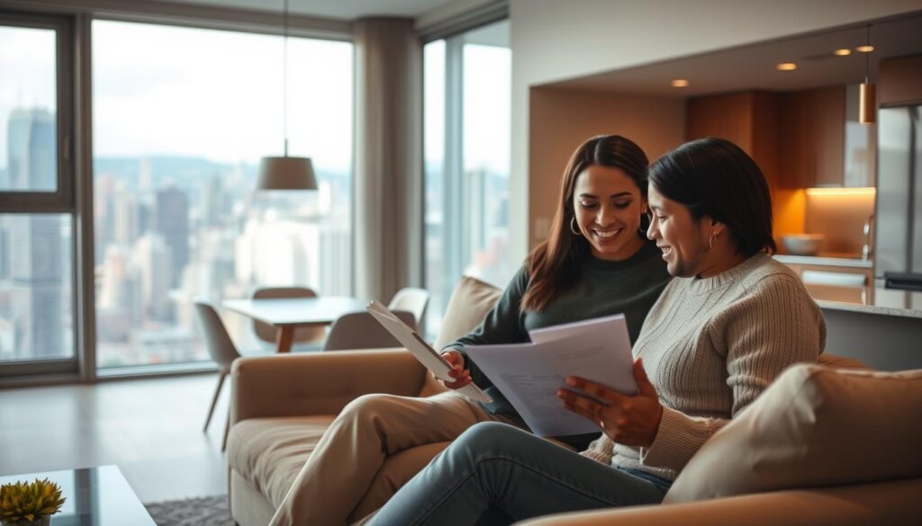 A modern, well-lit apartment interior with large windows overlooking a scenic cityscape. In the foreground, a couple sits on a plush couch, discussing financial documents and a tablet device. Behind them, a sleek, minimalist kitchen and dining area, hinting at the efficient use of space. In the background, the city skyline stretches out, symbolizing the potential for growth and investment. The lighting is warm and inviting, creating a sense of comfort and stability. The composition emphasizes the advantages of apartment living, such as low maintenance, flexible ownership, and proximity to urban amenities.