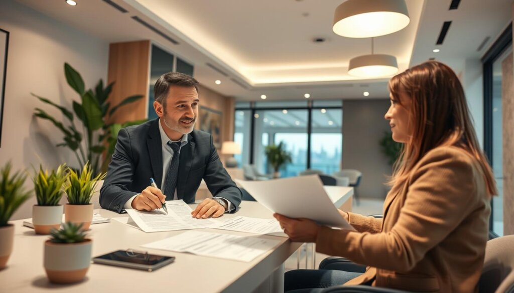 A modern, well-lit office interior in Alanya, Turkey. On the desk, a financial advisor reviews mortgage documents with a prospective homebuyer. The advisor's expression is professional and helpful, the buyer appears attentive and engaged. Warm lighting from overhead fixtures creates a welcoming atmosphere. The room is decorated with neutral tones, plants, and minimal decor, emphasizing the focus on the mortgage approval process. Wide-angle lens captures the full scene, with a hint of the Alanya skyline visible through the window in the background.