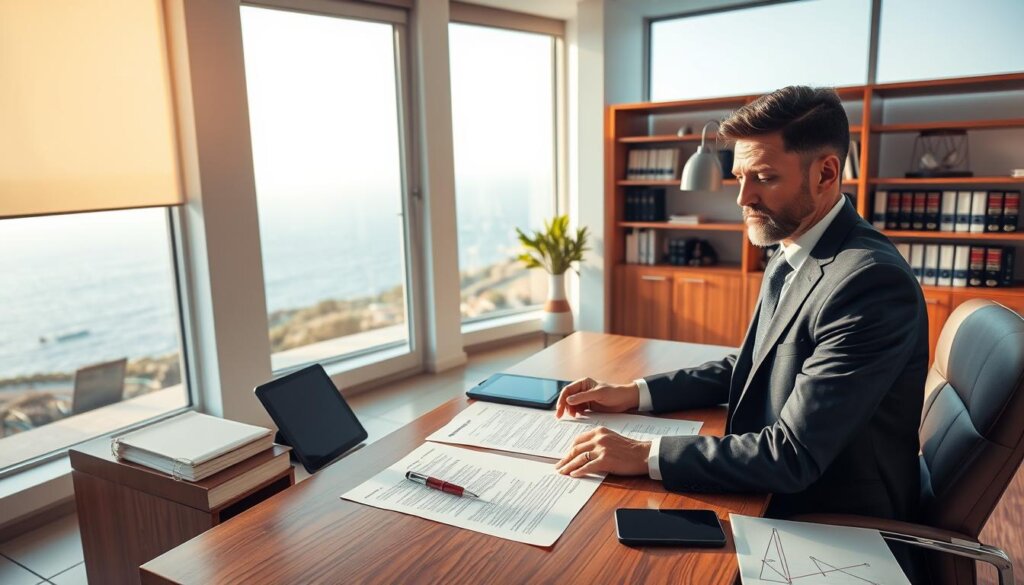 A modern, well-lit office interior with a large wooden desk, a large window overlooking the Mediterranean Sea, and a bookshelf with legal documents and books in the background. On the desk, there are various legal documents, a pen, and a tablet. A man in a suit is seated at the desk, reviewing and signing the documents with a focused expression. The lighting is warm and natural, creating a professional and authoritative atmosphere. The overall scene conveys the process of handling legal documentation in the context of a property transaction in Kalkan.