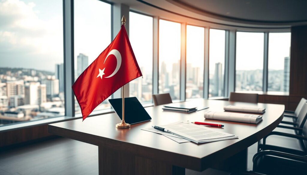 A modern, well-lit office interior with a large wooden desk, a row of windows overlooking a bustling city skyline, and a series of legal documents, folders, and a tablet computer neatly arranged on the desk. In the foreground, a Turkish flag stands proud, symbolizing the legal framework for property transactions in the country. The lighting is soft and warm, creating a professional and authoritative atmosphere. The scene conveys a sense of efficiency, attention to detail, and the legal expertise required for a successful real estate transaction in Turkey.