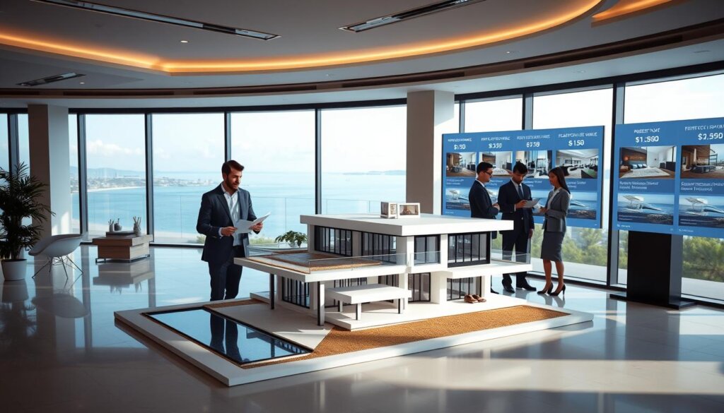 A modern, well-lit real estate office with large windows showcasing an expansive view of the Belek coastline. In the foreground, a team of real estate agents examining property documents and discussing pricing strategies. The middle ground features a 3D model of a contemporary beachfront villa, rotated to highlight its architectural features. In the background, a sleek digital display board showcases property listings and their corresponding prices. The overall atmosphere conveys a sense of professionalism, attention to detail, and a deep understanding of the local real estate market.