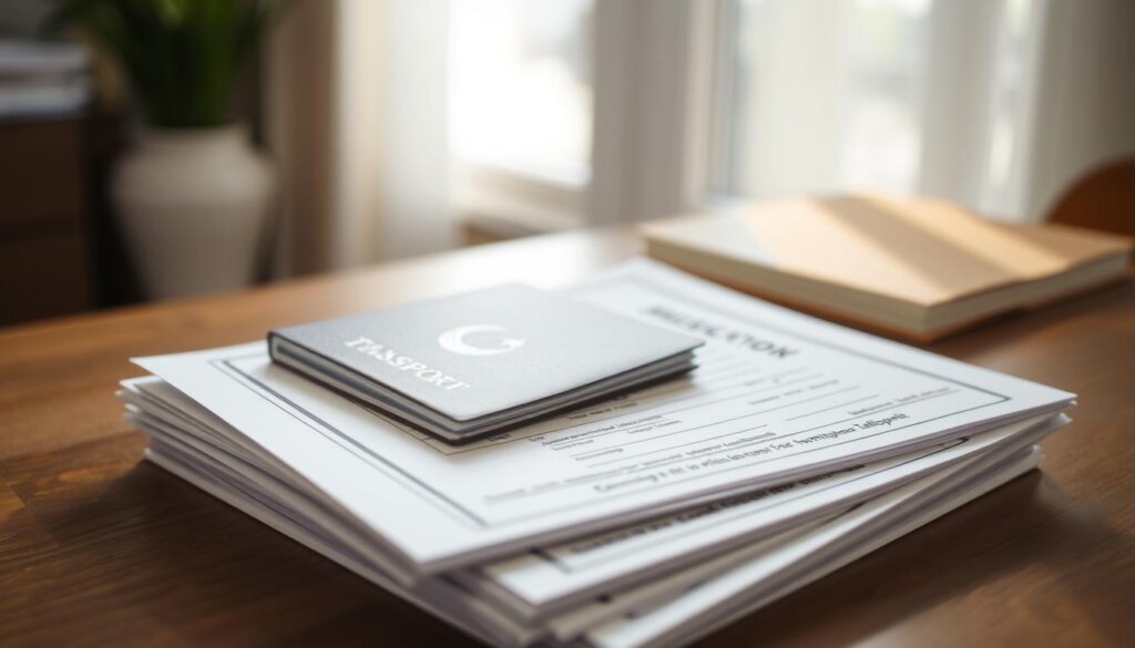 A neatly arranged stack of official Turkish residence application documents, including a passport, immigration forms, and supporting paperwork. The documents are placed on a wooden desk, illuminated by soft, natural daylight streaming in through a window. The scene conveys a sense of organization and attention to detail, reflecting the administrative process of applying for residency in Turkey. The background is blurred, placing the focus on the application materials in the foreground.