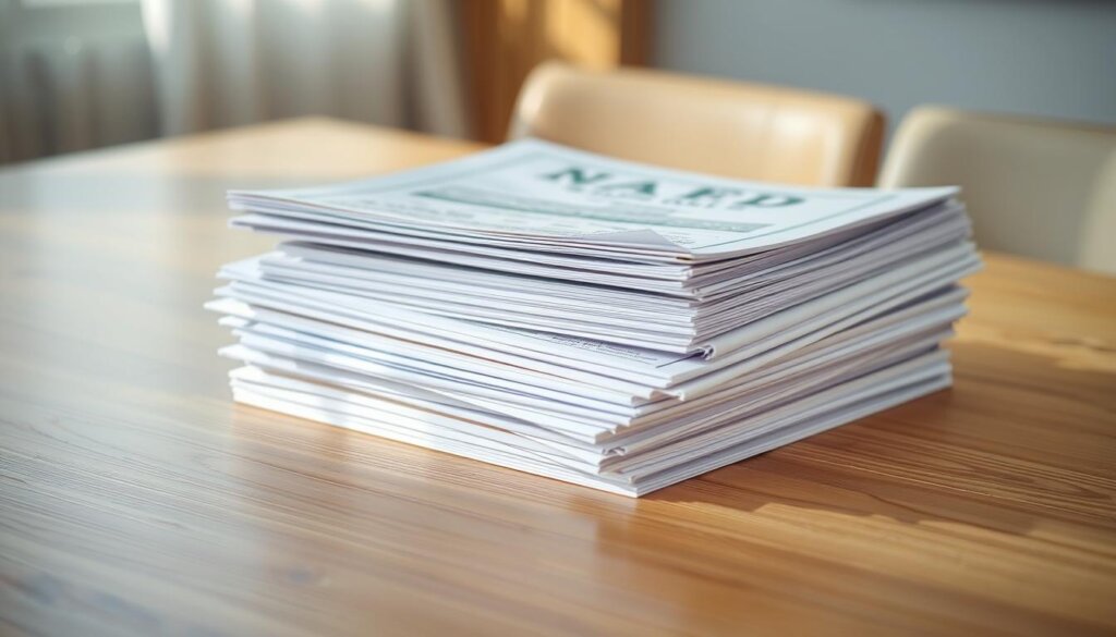 A neatly organized stack of legal documents, including property deeds, contracts, and official stamps, resting on a wooden table illuminated by soft, natural lighting. The documents are arranged with precision, reflecting the meticulous attention to detail required for real estate transactions in Mersin, Turkey. The background is blurred, keeping the focus on the essential paperwork needed to navigate the legal requirements for foreigners purchasing property in this vibrant coastal city.