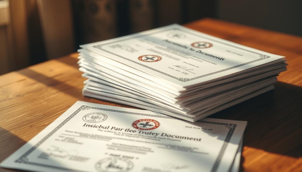 A neatly organized stack of official legal documents related to property sales in Istanbul, Turkey. The documents feature official seals, stamps, and signatures, conveying a sense of authenticity and legitimacy. The papers are placed on a wooden table, bathed in warm, natural lighting that casts subtle shadows, creating depth and dimension. The background is slightly blurred, keeping the focus on the detailed documents in the foreground. The overall scene exudes a professional, administrative atmosphere, suitable for illustrating the legal requirements and documentation needed for selling property in Istanbul.