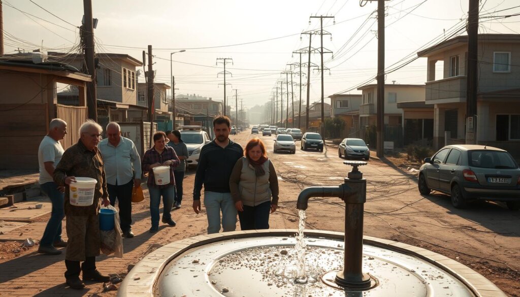 A neighborhood in Belek, Turkey, during a utilities breakdown. In the foreground, residents struggle to carry buckets of water and gather around a communal faucet, their faces etched with concern. The middle ground reveals damaged power lines and fallen utility poles, casting ominous shadows. In the background, a hazy, sun-dappled street scene unfolds, with abandoned vehicles and a sense of unease pervading the atmosphere. The lighting is warm and natural, captured with a wide-angle lens to convey the scale and impact of the disruption. The overall mood is one of resilience and community as the residents navigate the challenges posed by the breakdown of essential services.