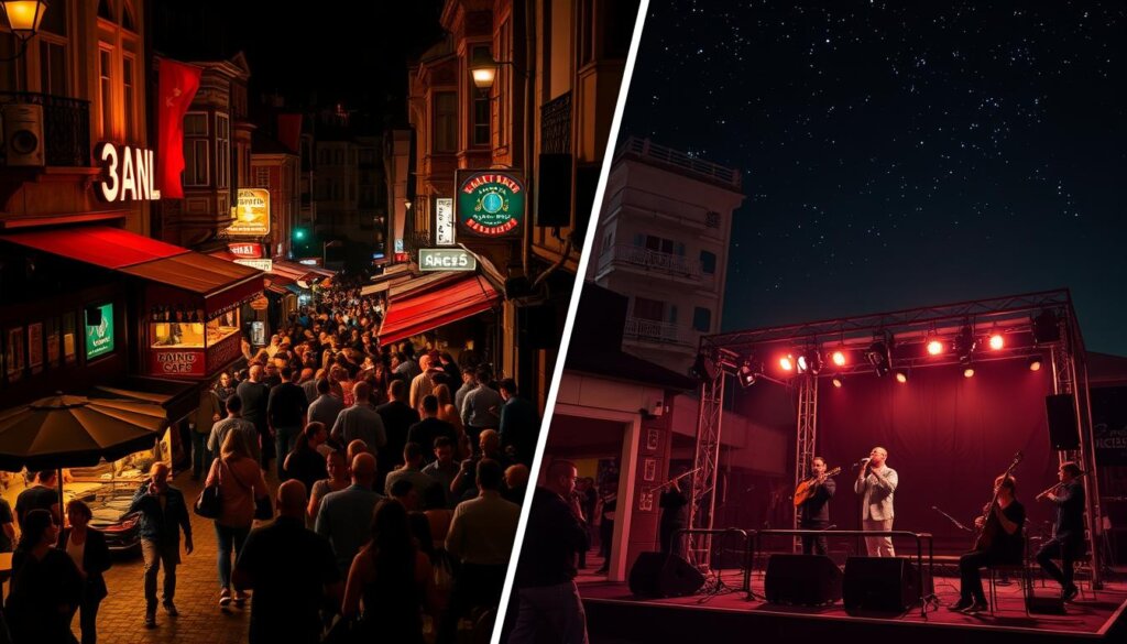 A nighttime street scene in Istanbul, with lively crowds gathered around open-air cafes and live music venues, contrasted with a more serene, outdoor performance stage in Antalya under a starry sky. The bustling Istanbul nightlife features neon-lit signs, colorful umbrellas, and people spilling out onto the pavement, while the Antalya scene depicts an intimate, ambient concert with musicians playing classical Turkish instruments. Both settings evoke a sense of vibrant, cultural entertainment, though through distinct moods and aesthetics. Warm, diffused lighting illuminates the foregrounds, with deeper shadows and cooler tones in the backgrounds, creating depth and drama. The compositions strike a balance between highlighting the unique character of each city's nightlife experience.