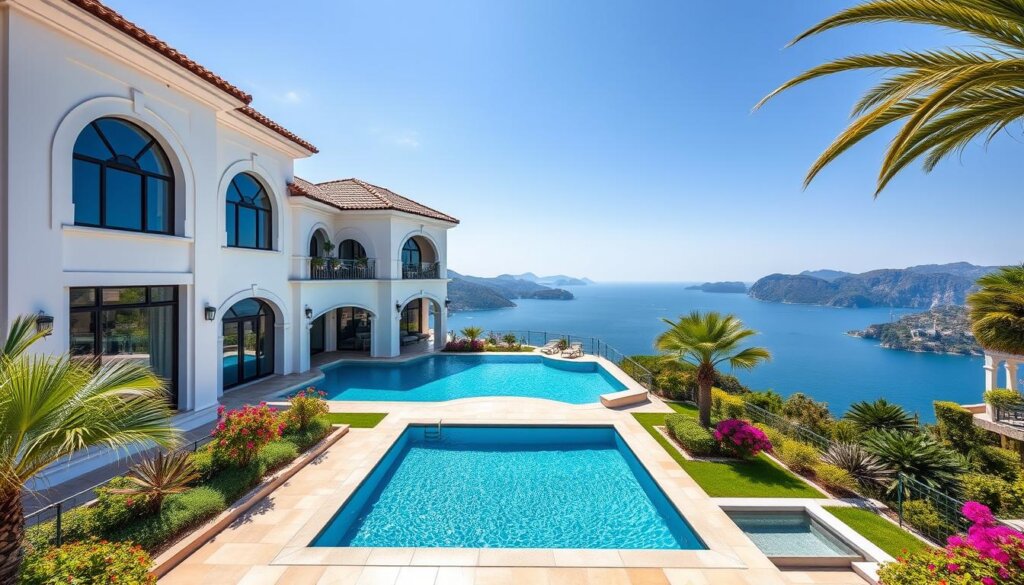 A palatial luxury villa nestled amidst the lush hills of Fethiye, Turkey. Elegant arched windows and a sprawling terrace with panoramic views of the Aegean Sea. Warm Mediterranean sunlight bathes the villa's crisp white walls and terra-cotta roof tiles. A sparkling infinity pool reflects the azure sky, inviting guests to relax in the serene ambiance. Meticulously landscaped gardens surround the property, dotted with swaying palm trees and vibrant bougainvillea. The villa exudes an air of refined sophistication, a perfect investment opportunity for those seeking a steady rental income and a prime holiday destination.