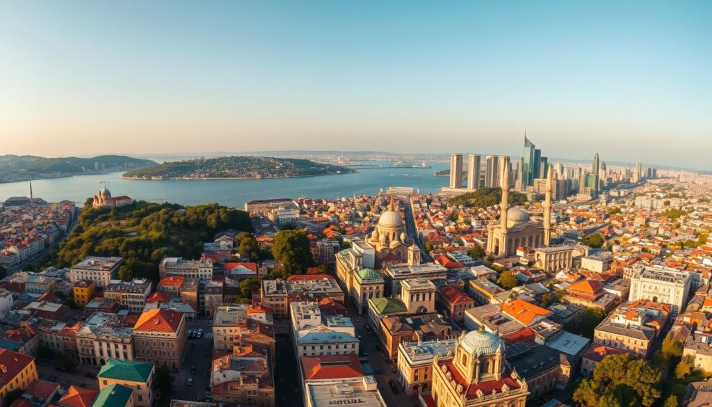 A panoramic aerial view of Istanbul's prime districts, captured with a wide-angle lens. The foreground showcases the vibrant streets and iconic landmarks of Beyoğlu, with its bustling commercial activity and historic buildings. The middle ground transitions to the serene waters of the Bosphorus, framed by the lush green hills of Beşiktaş and Sarıyer. In the background, the towering skyscrapers of the Levent financial district stand tall, representing the city's modern development. The scene is bathed in warm, golden lighting, creating a sense of grandeur and timelessness. The overall composition highlights the diverse and complementary nature of Istanbul's prime neighborhoods, inviting the viewer to explore the city's thriving real estate landscape.
