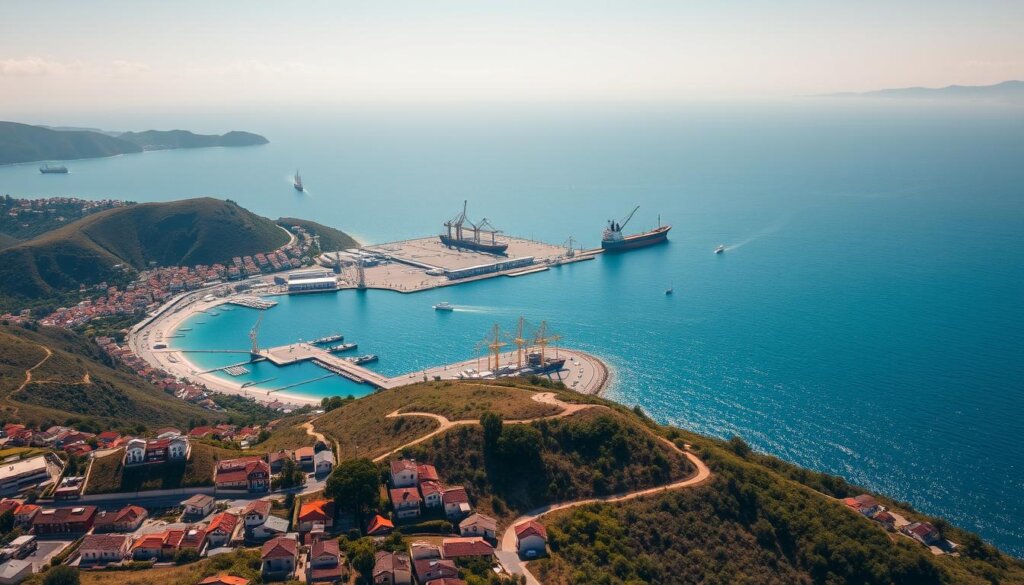 A panoramic aerial view of the Turkish coastline, showcasing its strategic geographic location. In the foreground, a quaint coastal town with colorful rooftops and winding streets nestled between rolling hills. In the middle ground, a modern port facility with towering cranes and ships docked, symbolizing Turkey's robust infrastructure and connectivity. The background features the sparkling azure waters of the Mediterranean Sea, dotted with small islands and coves. The scene is bathed in warm, golden sunlight, creating a serene and inviting atmosphere. High-resolution, detailed, cinematic, photorealistic.