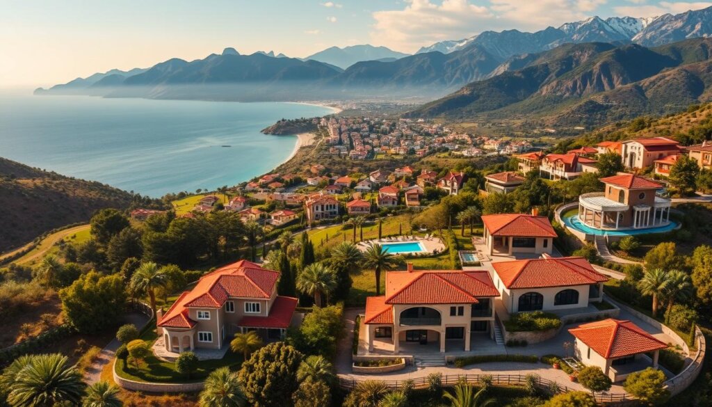 A panoramic aerial view of various Turkish villa locations, showcasing their distinct architectural styles and scenic settings. In the foreground, a cluster of luxurious villas nestled amid lush, verdant landscapes, with terracotta roofs and arched windows reflecting the region's Mediterranean influences. The middle ground features a seaside villa community, with homes cascading down toward a tranquil, turquoise coastline. In the background, a range of rugged, snow-capped mountains creates a dramatic, awe-inspiring backdrop. The image is bathed in warm, golden light, evoking a sense of tranquility and Mediterranean charm. Captured with a wide-angle lens, the scene conveys the diverse beauty and appeal of Turkey's premier villa destinations beyond the popular Belek region.