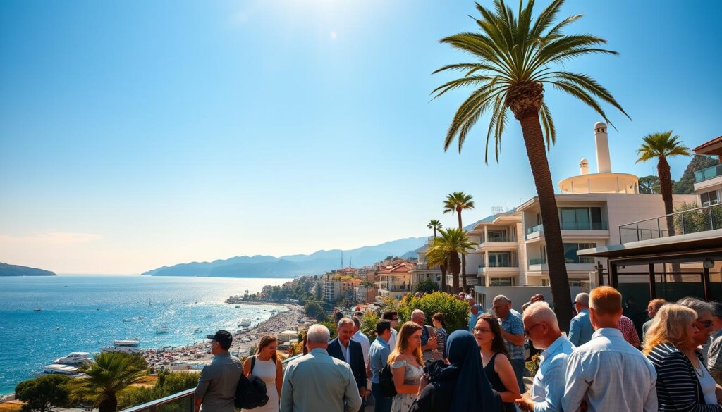 A panoramic cityscape of Fethiye, Turkey, with the sparkling blue waters of the Mediterranean Sea in the background. In the foreground, a bustling real estate market, with sleek modern buildings and traditional Ottoman-style architecture. Prospective home buyers and agents engage in lively discussions, examining property listings and negotiating deals. The scene is bathed in warm, golden sunlight, creating a sense of vibrant activity and potential. Towering palm trees sway gently, adding a touch of tranquility to the energetic urban landscape. The overall impression is one of a thriving, well-established real estate market, catering to both local and international investors seeking their ideal property in this picturesque coastal town.