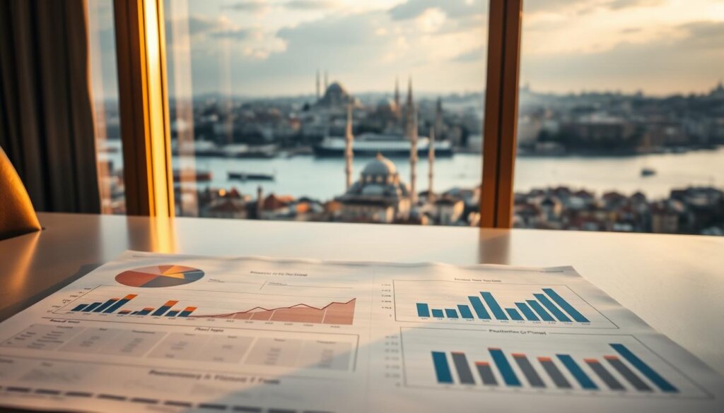 A panoramic cityscape of Istanbul's iconic skyline, with the Bosphorus Strait and the domes of the Hagia Sophia and Blue Mosque in the background. In the foreground, a table displaying a graph and charts depicting rental pricing data, analytics, and market trends, illuminated by warm, golden lighting from a large window. The mood is one of contemplation and strategic planning, capturing the essence of maximizing investment returns through careful rental pricing strategies.