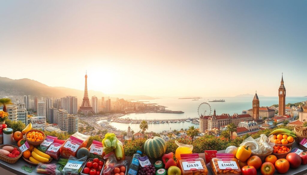 A panoramic cityscape showcasing the cost of living comparison between the coastal city of Alanya, Turkey and various European destinations. In the foreground, an array of local produce, household goods, and lifestyle amenities are displayed, with price tags contrasting the differences. The middle ground features an immersive view of Alanya's vibrant harbor, surrounded by modern high-rise buildings and lush palm trees, bathed in warm, golden sunlight. In the background, silhouettes of iconic European landmarks, such as the Eiffel Tower and Big Ben, create a visual juxtaposition, highlighting the distinct economic landscapes. The image conveys a sense of affordability and Mediterranean charm in Alanya, inviting the viewer to explore the potential lifestyle benefits of living in this Turkish coastal haven.