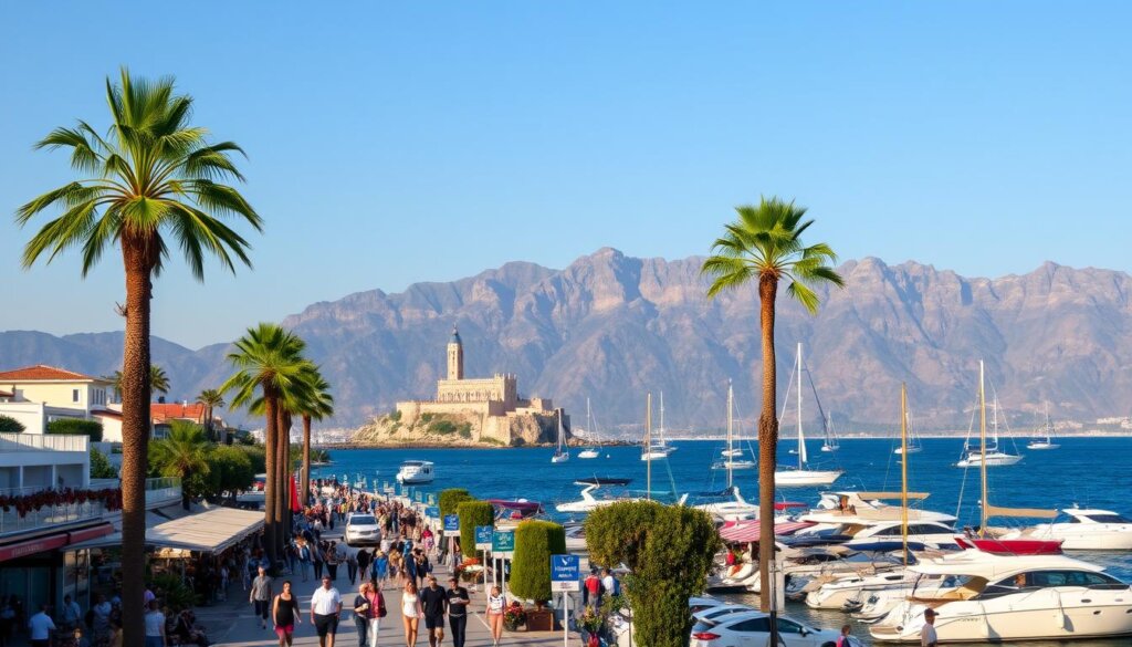 A panoramic coastal vista of Alanya, Turkey, showcasing the city's vibrant lifestyle and investment potential. In the foreground, people stroll along a bustling promenade lined with upscale shops, cafes, and restaurants. Yachts and sailboats dot the deep blue waters of the Mediterranean Sea. In the middle ground, towering palm trees sway gently, framing the iconic Alanya Castle perched atop a rocky outcrop. The background features the rugged Taurus Mountains, their peaks bathed in golden afternoon light. An atmosphere of prosperity, relaxation, and Mediterranean charm pervades the scene, highlighting Alanya's appeal as both a desirable lifestyle destination and a promising real estate investment opportunity.