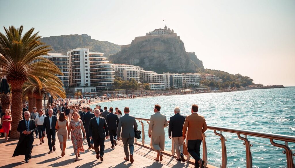 A panoramic seaside view of Alanya, Turkey, showcasing the city's vibrant investment lifestyle benefits. In the foreground, a group of well-dressed individuals stroll along a palm-lined promenade, admiring the sparkling turquoise waters of the Mediterranean. The middle ground features a mix of modern high-rise apartments and luxury villas with stunning architecture, hinting at the diverse real estate opportunities. The background is dominated by the iconic Alanya Castle, perched atop a dramatic rocky outcrop, bathed in warm, golden sunlight that casts a serene, inviting ambiance. The scene conveys a sense of prosperity, leisure, and the allure of Alanya's thriving investment and lifestyle proposition.