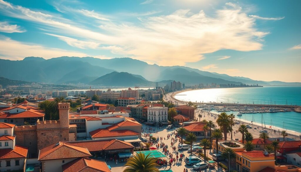 A panoramic view of Alanya's city center, bustling with activity, contrasted against the serene seaside properties along the Mediterranean coast. In the foreground, the historic Alanya Castle towers over the vibrant marketplace, its red-tiled roofs and whitewashed walls casting long shadows. In the middle ground, the lively promenade is lined with cafes, shops, and palm trees, while the turquoise waters of the sea glisten in the distance. The background features the stunning mountain range, its peaks capped with snow, creating a dramatic backdrop. Warm, golden sunlight filters through wispy clouds, bathing the scene in a warm, inviting glow. The overall composition captures the essence of Alanya, blending its ancient heritage with its modern, coastal charm.