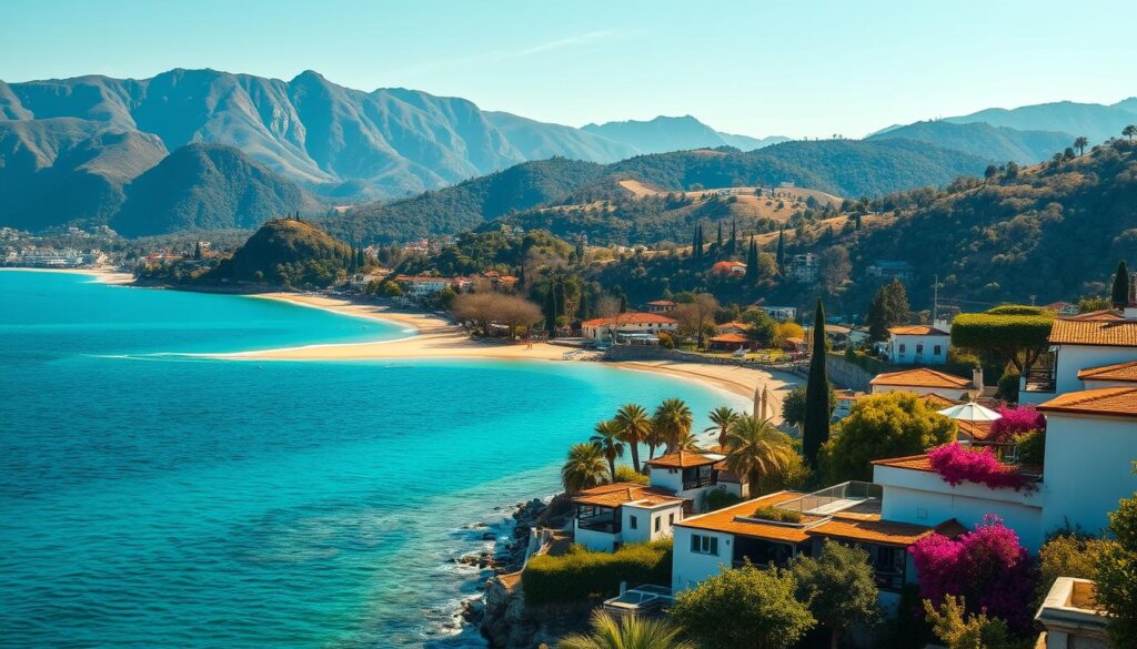 A panoramic view of Fethiye's picturesque coastline, with crystal-clear turquoise waters lapping against golden sandy beaches. In the foreground, a charming seaside village with traditional whitewashed buildings and vibrant bougainvillea-draped terraces. The middle ground reveals lush, rolling hills dotted with olive groves and cypress trees, leading up to the dramatic, rugged mountains that frame the scene. Warm, golden sunlight bathes the landscape, creating a serene and inviting atmosphere. The composition captures the essence of Fethiye's prime locations - a harmonious blend of stunning natural beauty, rich cultural heritage, and idyllic Mediterranean charm.