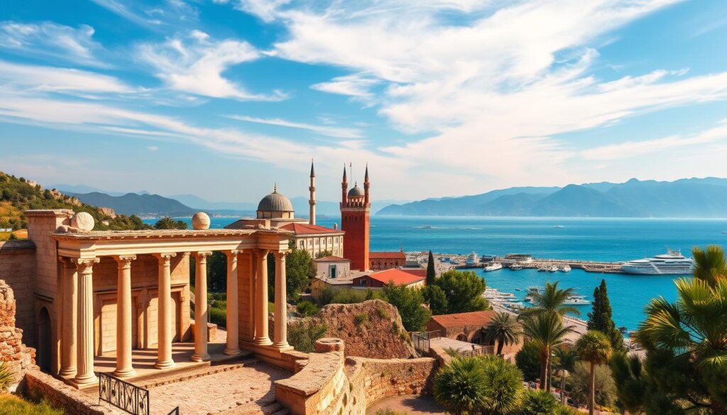A panoramic view of Turkey's iconic Turkish Riviera, showcasing its vibrant cultural landmarks. In the foreground, the stunning ancient ruins of the Side Amphitheater stand tall, with its grand arches and columns bathed in warm Mediterranean sunlight. In the middle ground, the iconic minarets and domes of the Alanya Red Tower rise against a backdrop of azure skies and the sparkling Turquoise Coast. In the distance, the majestic peaks of the Taurus Mountains frame the scene, adding a sense of grandeur and natural beauty. The overall mood is one of timeless elegance and cultural richness, capturing the essence of the Turkish Riviera's enduring allure.