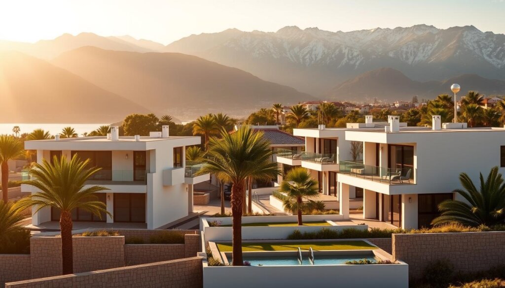 A panoramic view of a picturesque new villa development in Alanya, Turkey. In the foreground, modern, sleek villas with clean lines and large windows stand proud, reflecting the warm Mediterranean sunlight. The middle ground features lush, well-manicured landscaping with palm trees swaying gently in the breeze. In the background, the majestic Taurus Mountains rise up, their peaks capped with a dusting of snow. The scene is bathed in a warm, golden glow, creating a serene and inviting atmosphere. The villas are positioned to take full advantage of the stunning coastal views, offering residents a luxurious and tranquil living experience.