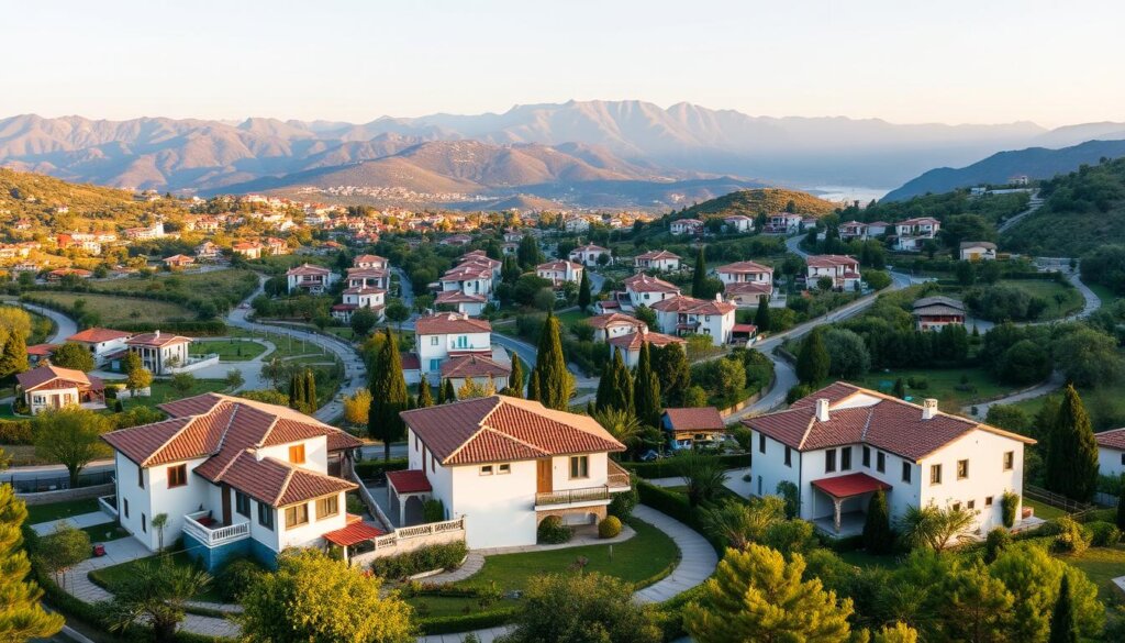 A panoramic view of a picturesque villa community nestled amidst the rolling hills of Ovacik, Fethiye, Turkey. In the foreground, several Mediterranean-style villas with terra-cotta roofs and white stucco facades stand in harmony, surrounded by lush, well-manicured gardens. The middle ground reveals a network of winding, tree-lined streets flanked by additional villas, each with their own unique architectural elements. In the background, the dramatic silhouette of the Taurus Mountains creates a breathtaking natural backdrop, bathed in the warm, golden light of the Mediterranean sun. The overall scene evokes a sense of tranquility, comfort, and the perfect fusion of modern living and timeless Turkish charm.