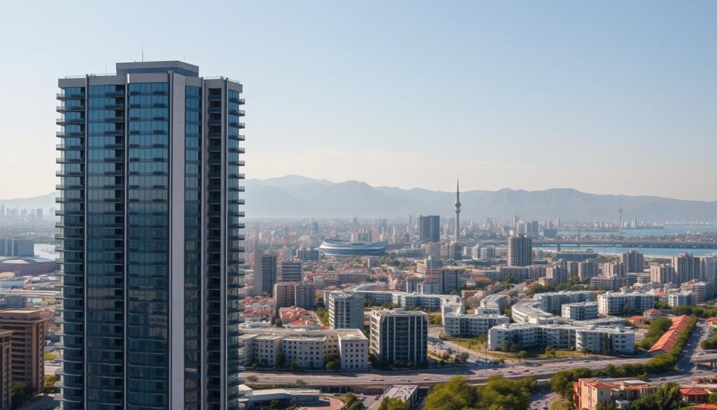 A panoramic view of the vibrant cityscape of Mersin, Turkey, showcasing its bustling real estate landscape. In the foreground, a modern high-rise apartment building stands tall, its sleek glass and steel façade reflecting the warm Mediterranean sun. In the middle ground, a network of well-planned residential developments and commercial complexes dot the landscape, each offering a range of investment opportunities. In the background, the majestic Taurus Mountains rise, providing a scenic backdrop to the city's skyline. The lighting is crisp and natural, capturing the energy and dynamism of this thriving coastal metropolis, making it an ideal destination for savvy real estate investors.